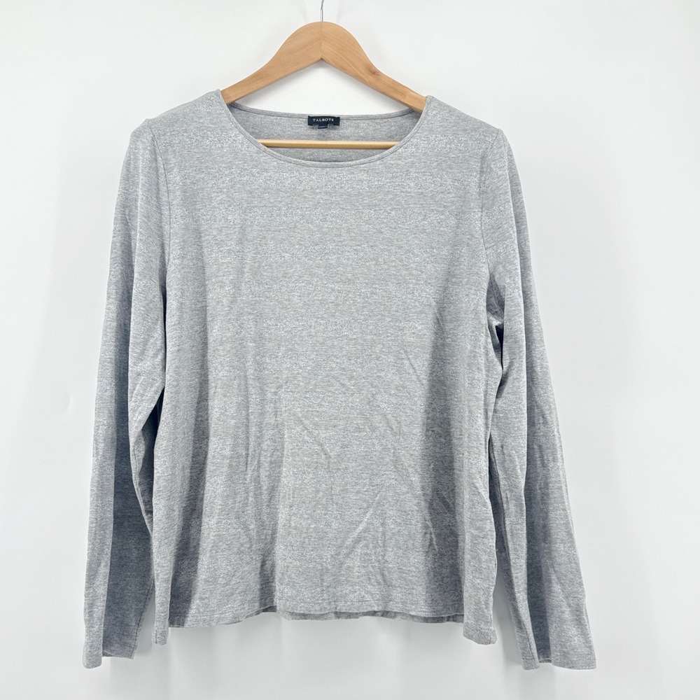 Talbots Women's Long Sleeve Top XL Gray Metallic Sparkle Stripes Casual Soft Tee